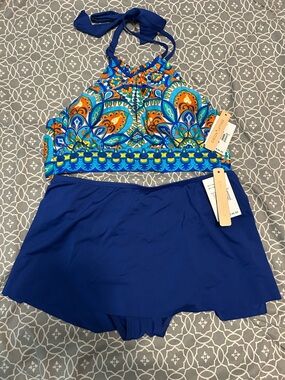 Gibson Latimer Blue Paisley Print Halter Bikini Top with Solid Blue Swim Skirt